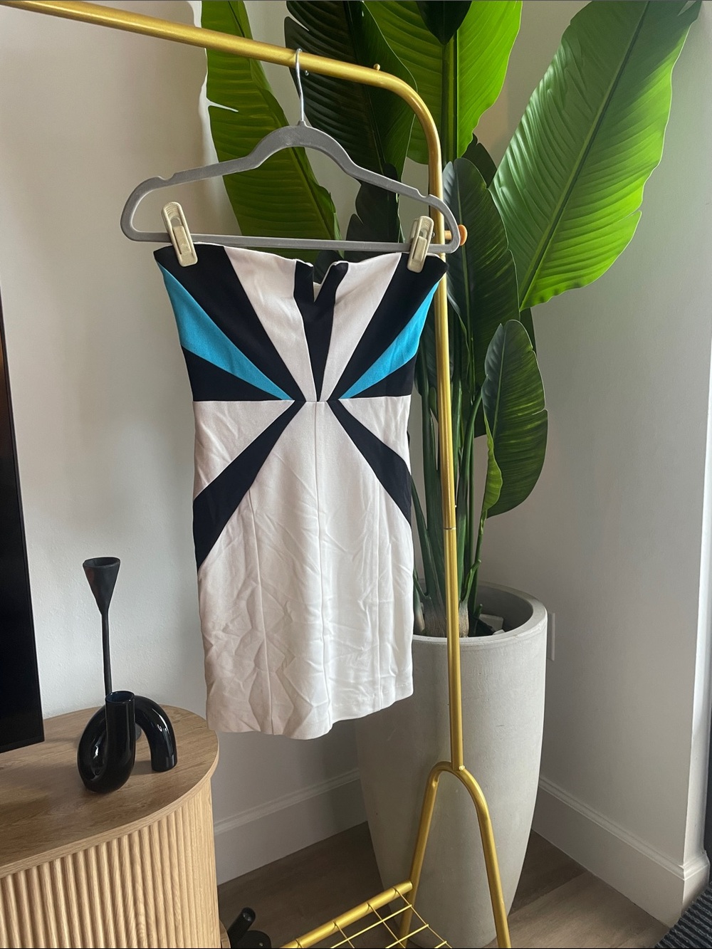 Strapless Geo-Print Mini Dress in White, Black & Teal